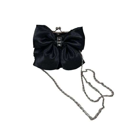 Handbags - Clutch Chain Shoulder Strap Bow Faux Rhinestone‎ Accent Black Purse Party Formal